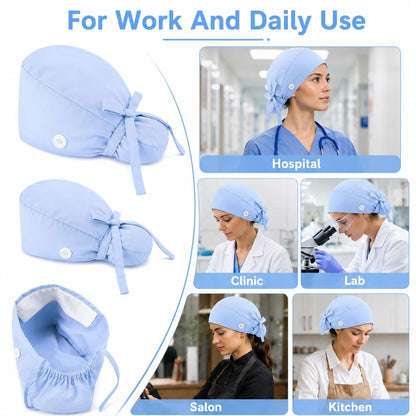 🔥100% Cotton Scrub Cap – Adjustable Ponytail Hat with Sweatband & Mask Buttons