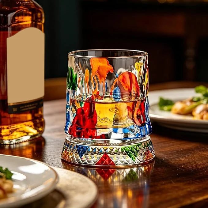 🎁Hand-Painted 360° Spinning Whiskey Glass With Crystal Embossed Design