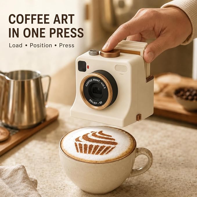 🎁3D Printed Latte Art Camera With Reusable Stencil Cards