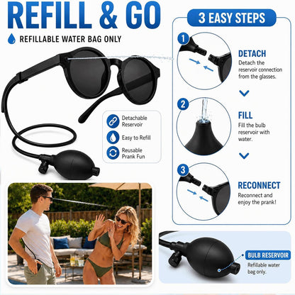 😎💦 Hidden Squirt Sunglasses – Refillable Water Prank Glasses