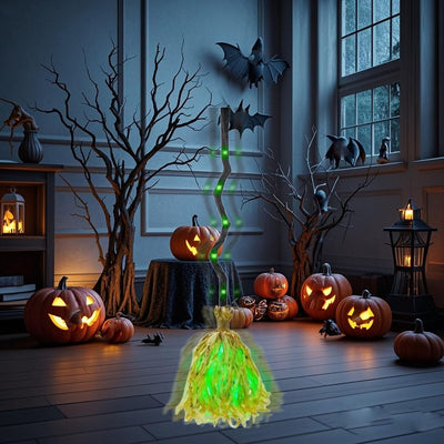 Escoba de bruja animada de Halloween con luces y sonidos