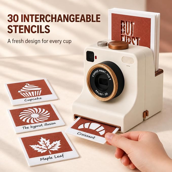 🎁3D Printed Latte Art Camera With Reusable Stencil Cards