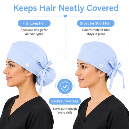 🔥100% Cotton Scrub Cap – Adjustable Ponytail Hat with Sweatband & Mask Buttons