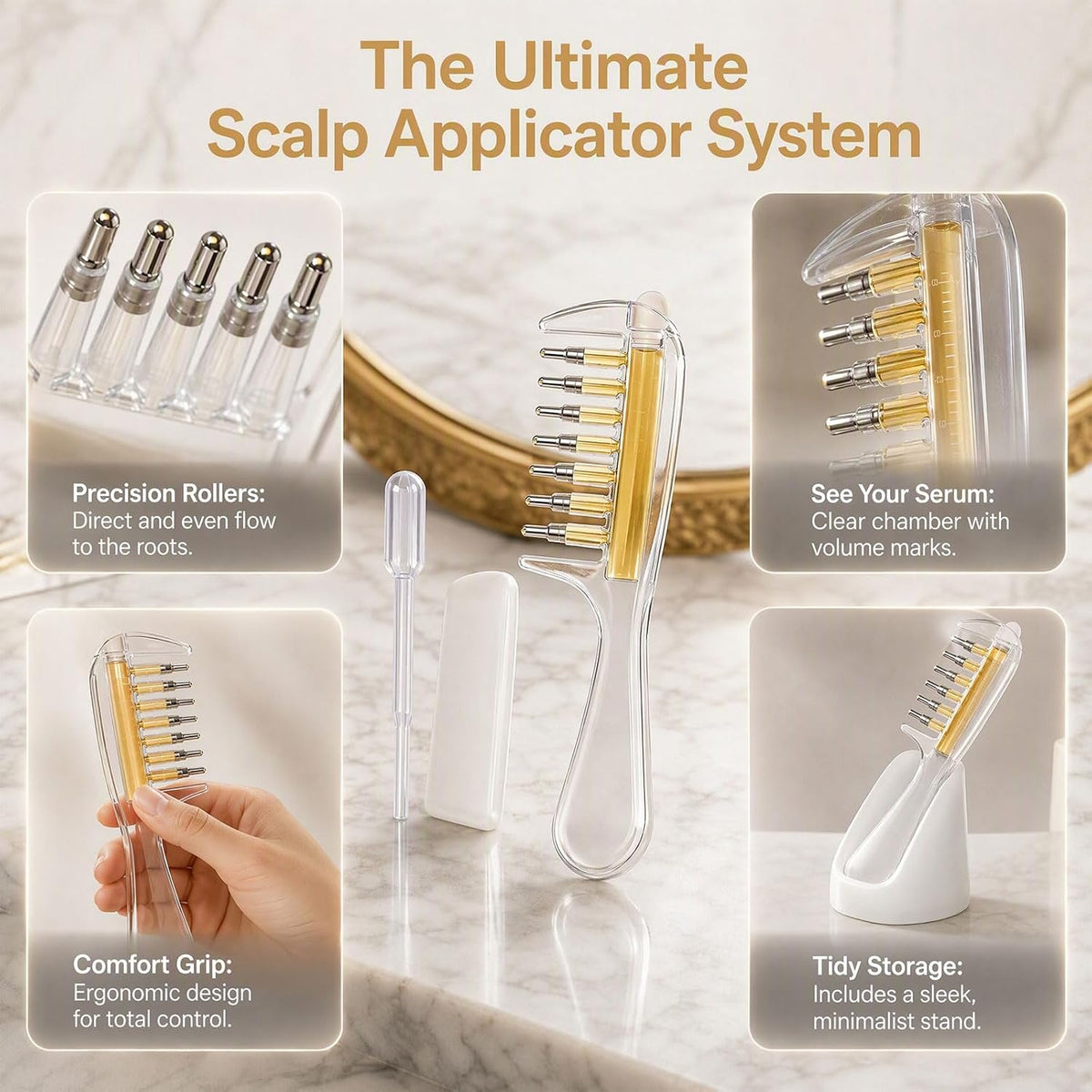 ⭐Scalp Serum Applicator Comb – 6-Roller Refillable Hair Oil & Serum Dispenser