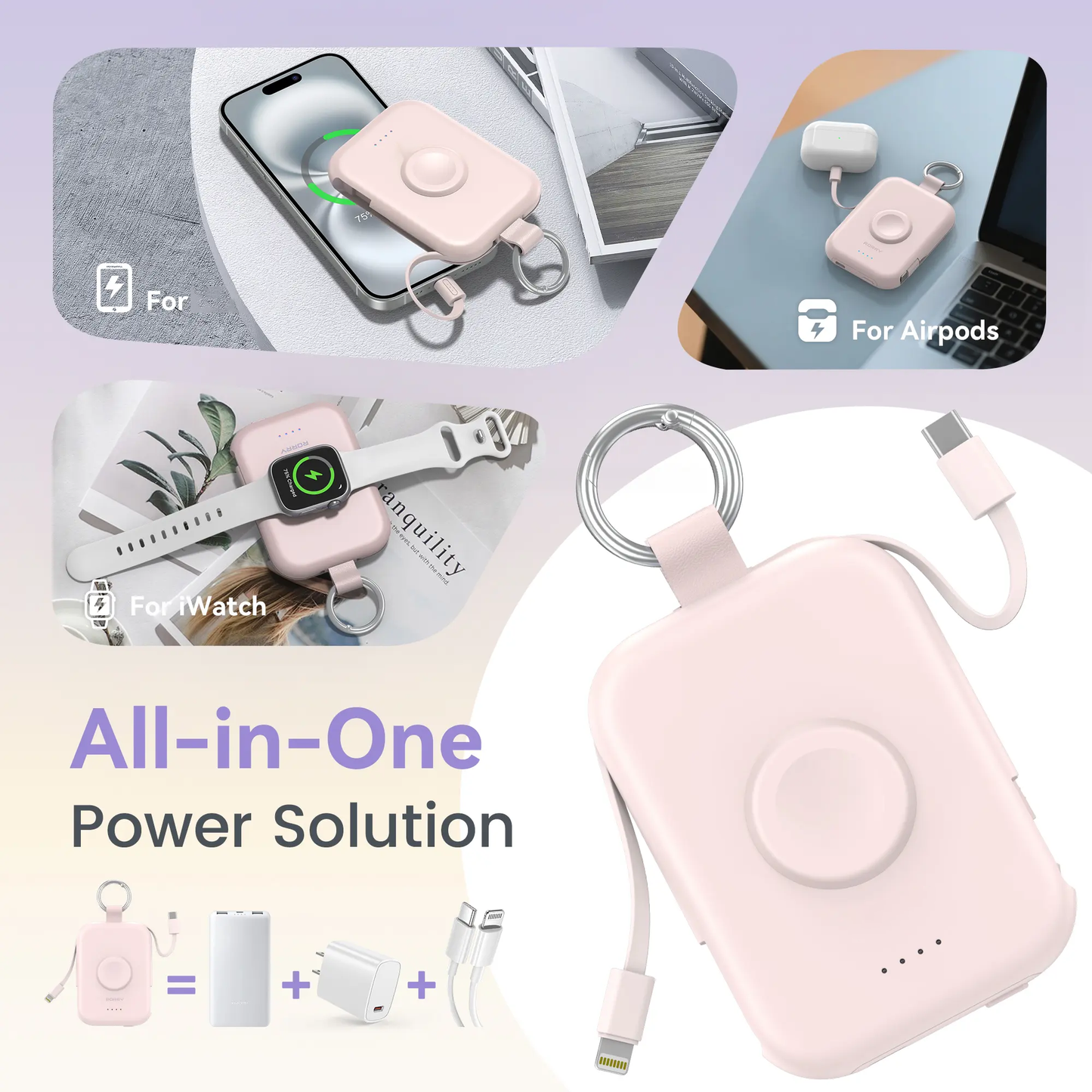 🔋 10000mAh Keychain Power Bank with Built-In Cables
