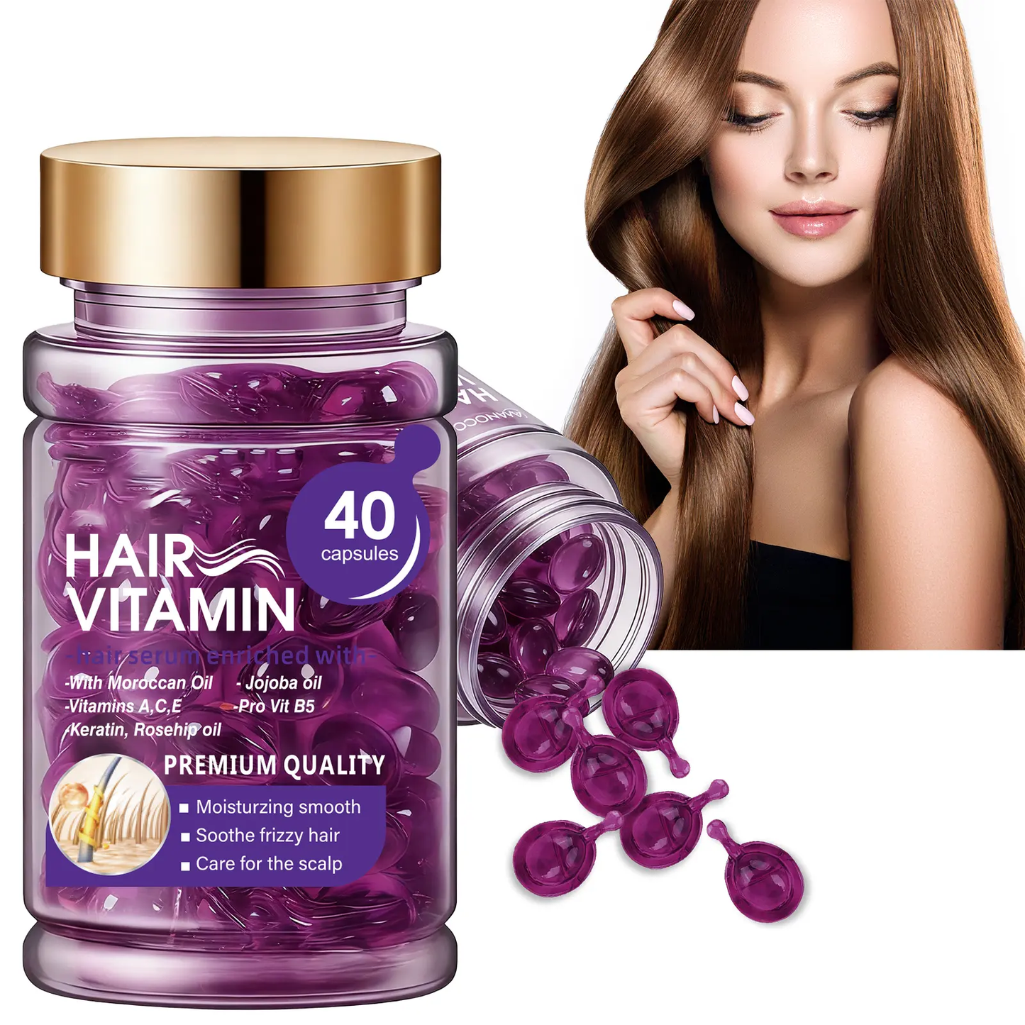 Hair Vitamin Capsules with Argan Oil, Frizz Control & Shine, 40 Ct