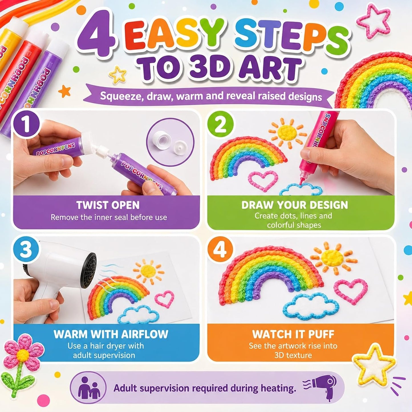 Popcorn Pens 3D Puffy Bubble Drawing Art Kit Heat