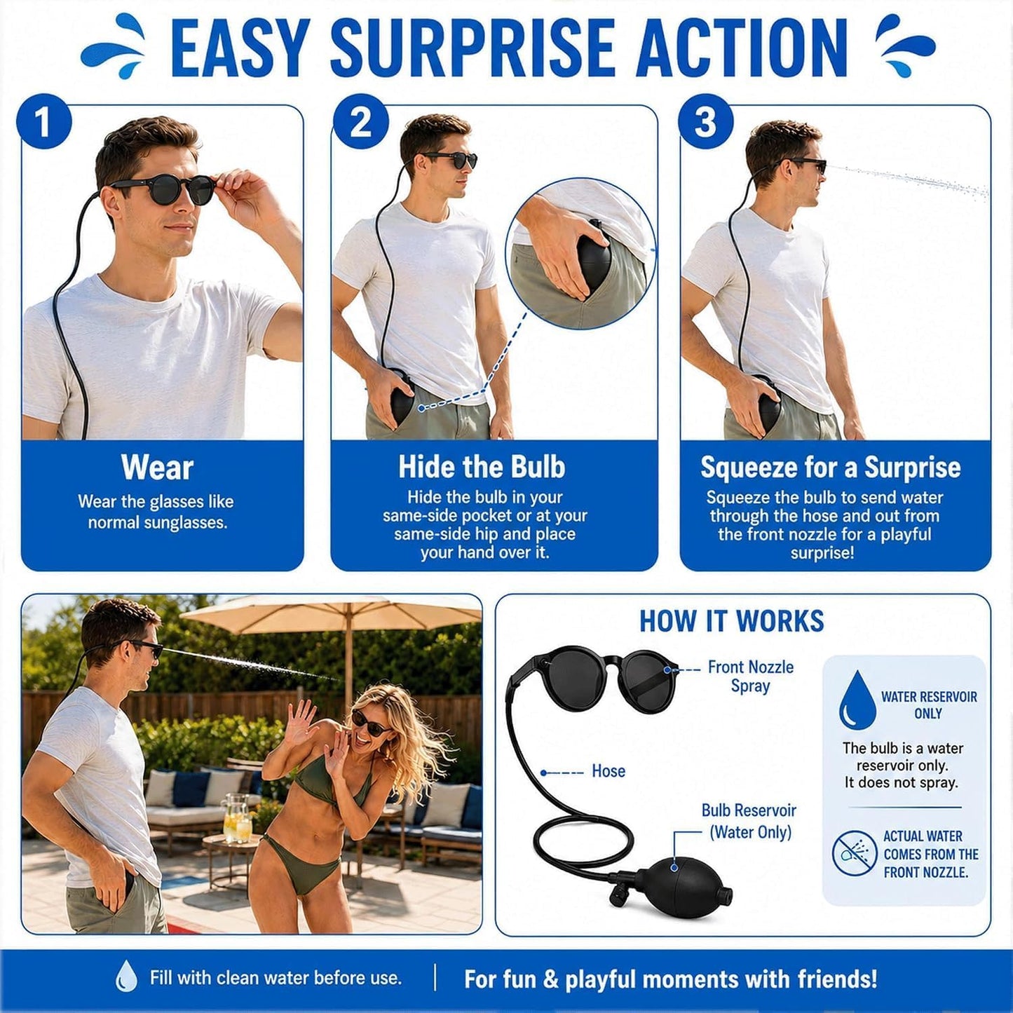 😎💦 Hidden Squirt Sunglasses – Refillable Water Prank Glasses