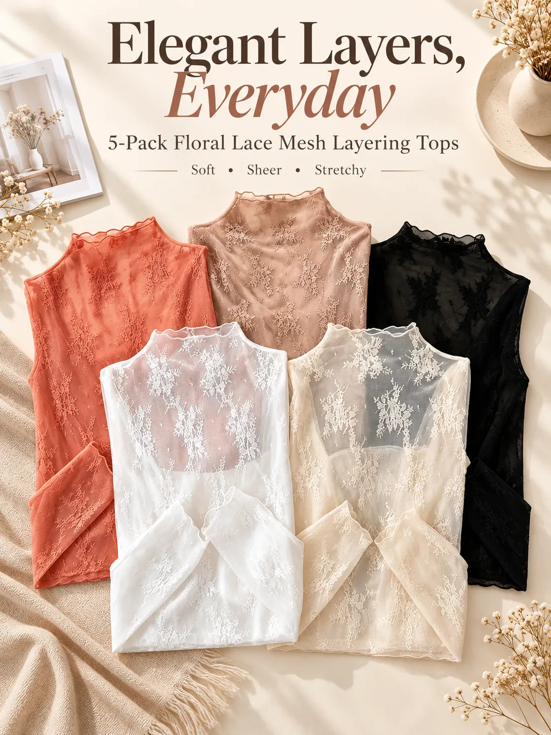 🔥5-Pack Floral Lace Mesh Tops