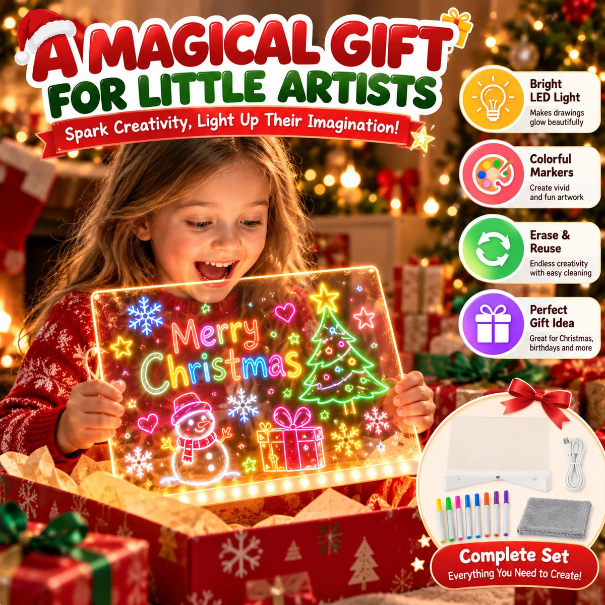 🔥 LED Light-Up Drawing Board for Kids – Reusable Glow Art Kit