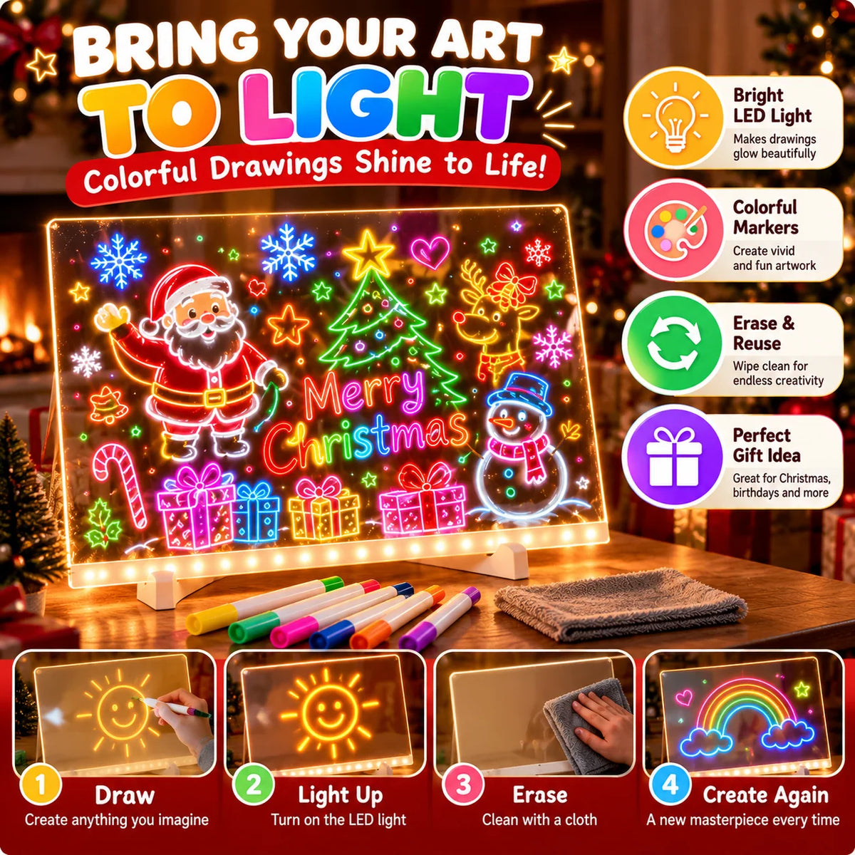 🔥 LED Light-Up Drawing Board for Kids – Reusable Glow Art Kit