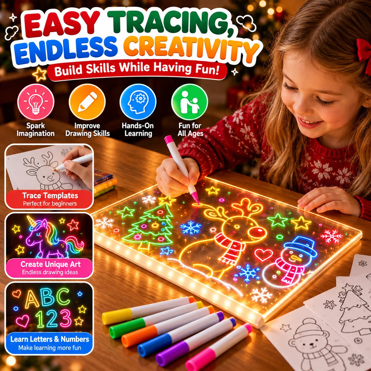 🔥 LED Light-Up Drawing Board for Kids – Reusable Glow Art Kit