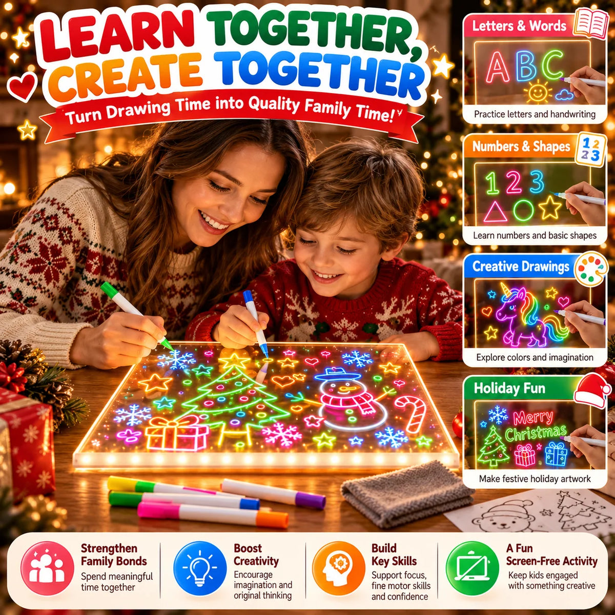 🔥 LED Light-Up Drawing Board for Kids – Reusable Glow Art Kit