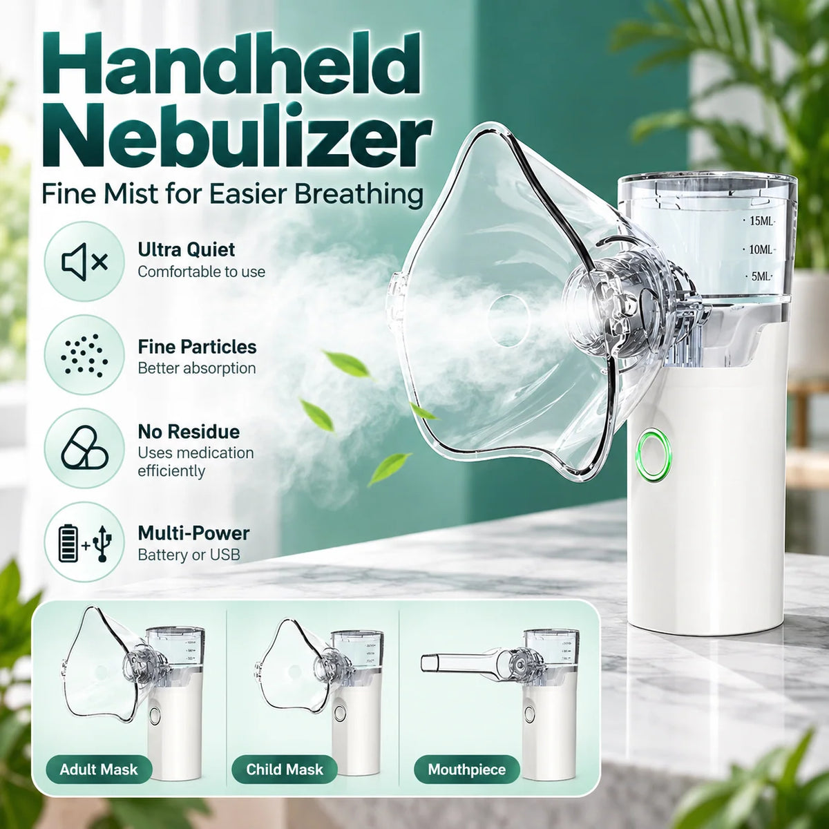 ✨Portable Mesh Nebulizer – Quiet Handheld Nebulizer with Adult & Child Masks