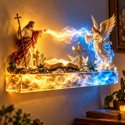 🎉✝️ Divine Light of Faith™ – 3D Lighted Jesus & Angel Wall Art with Glowing Cross