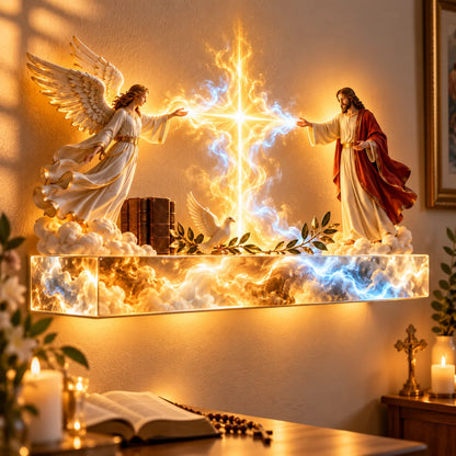 🎉✝️ Divine Light of Faith™ – 3D Lighted Jesus & Angel Wall Art with Glowing Cross