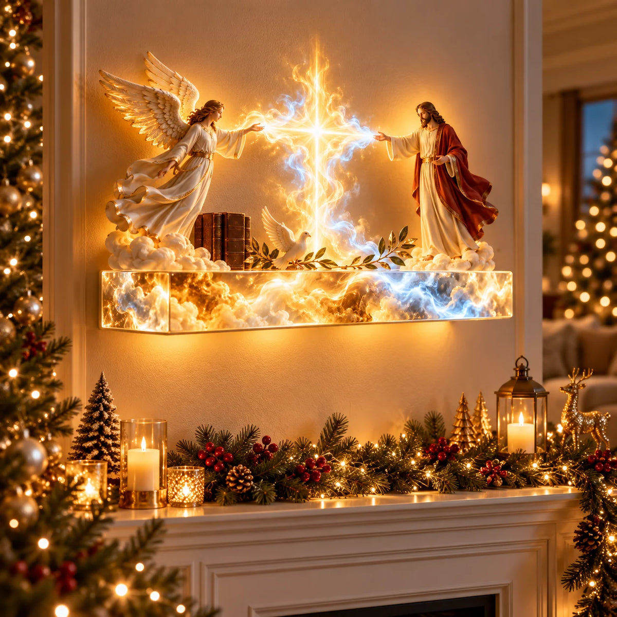 🎉✝️ Divine Light of Faith™ – 3D Lighted Jesus & Angel Wall Art with Glowing Cross
