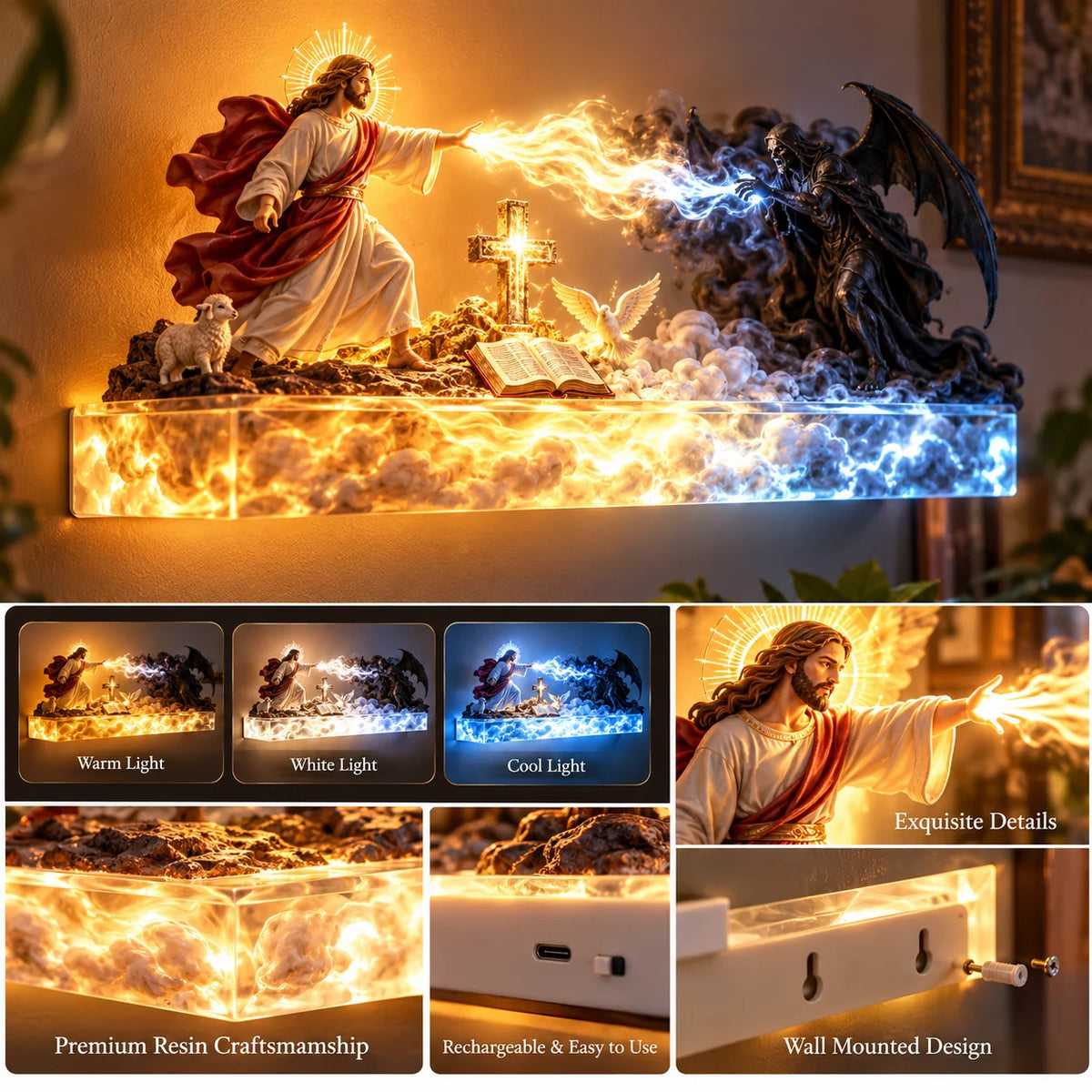 🎉✝️ Divine Light of Faith™ – 3D Lighted Jesus & Angel Wall Art with Glowing Cross