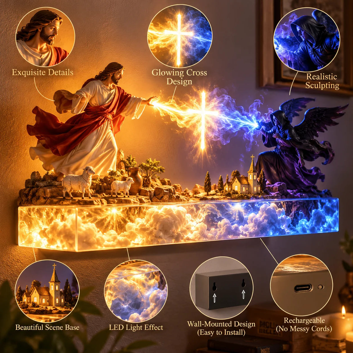🎉✝️ Divine Light of Faith™ – 3D Lighted Jesus & Angel Wall Art with Glowing Cross