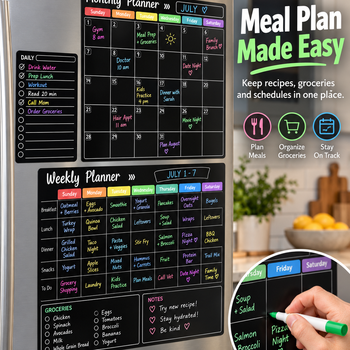 📅 Black Magnetic Dry Erase Boards Set of 3 | Ultimate Fridge Organizer & Planner ✨