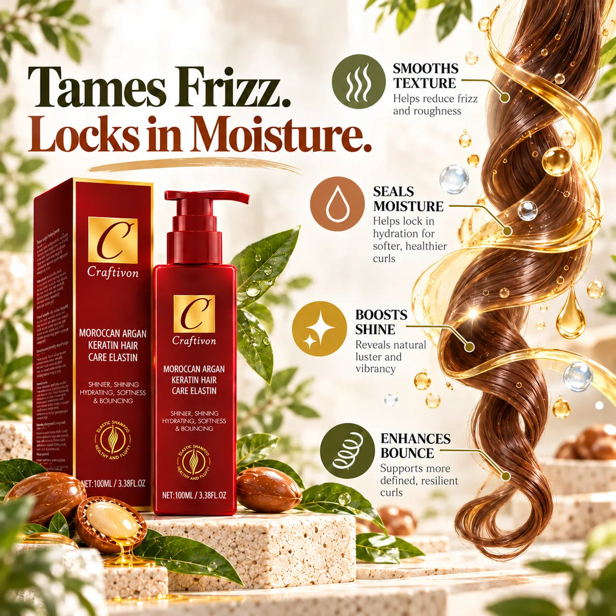 🎁Argan Oil & Avocado Curl Defining Leave-In Cream – Moisturizing Hair Styling Cream for Soft, Frizz-Controlled Curls
