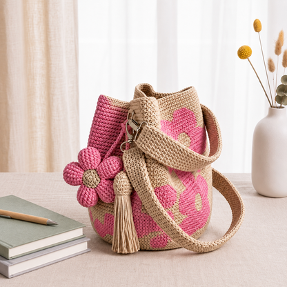 Handmade Crochet Flower Tote Bag – Embroidered Bohemian Style Knitted Floral Drawstring Beach Bag