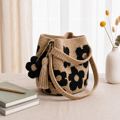 Handmade Crochet Flower Tote Bag – Embroidered Bohemian Style Knitted Floral Drawstring Beach Bag