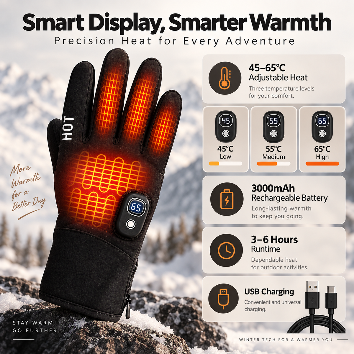 Rechargeable Heated Winter Gloves for Women & Men with Touchscreen