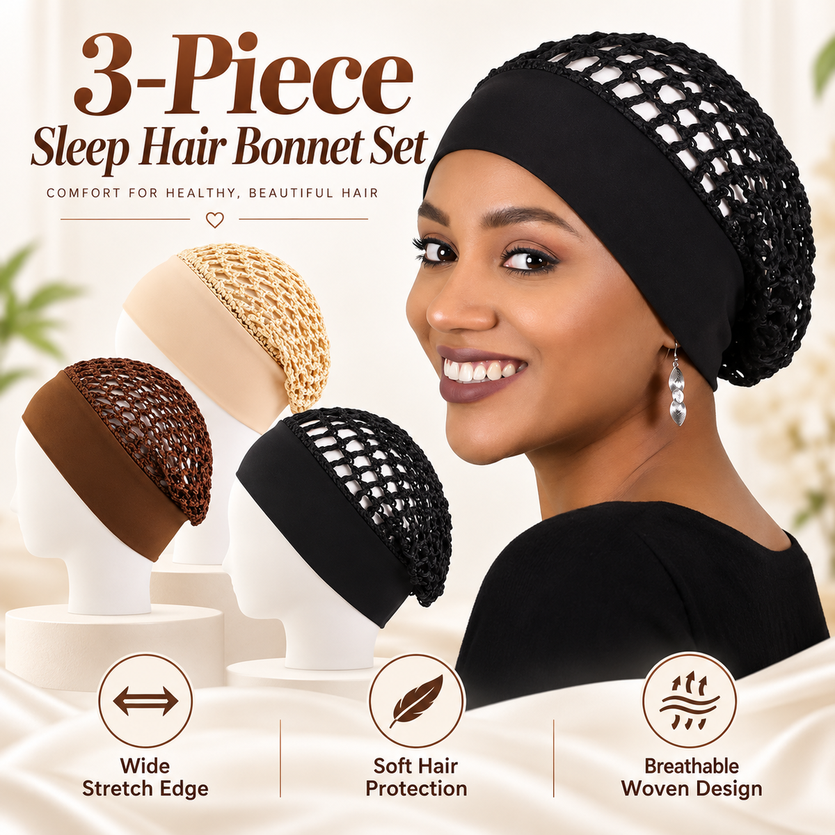 🎉3-Piece Stretchy Wide-Edge Sleeping Cap Set