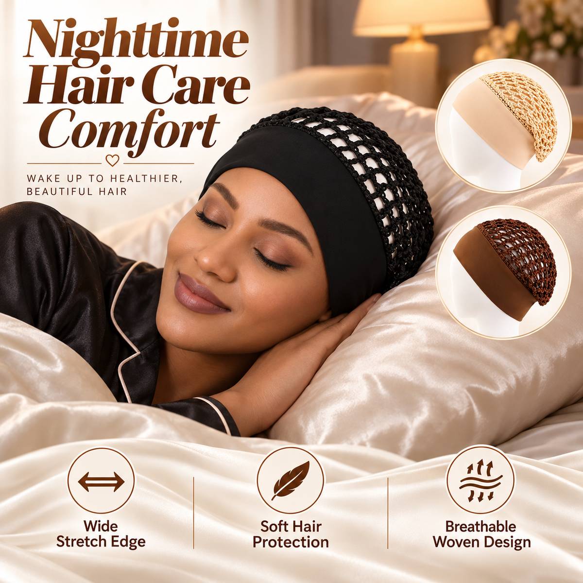 🎉3-Piece Stretchy Wide-Edge Sleeping Cap Set
