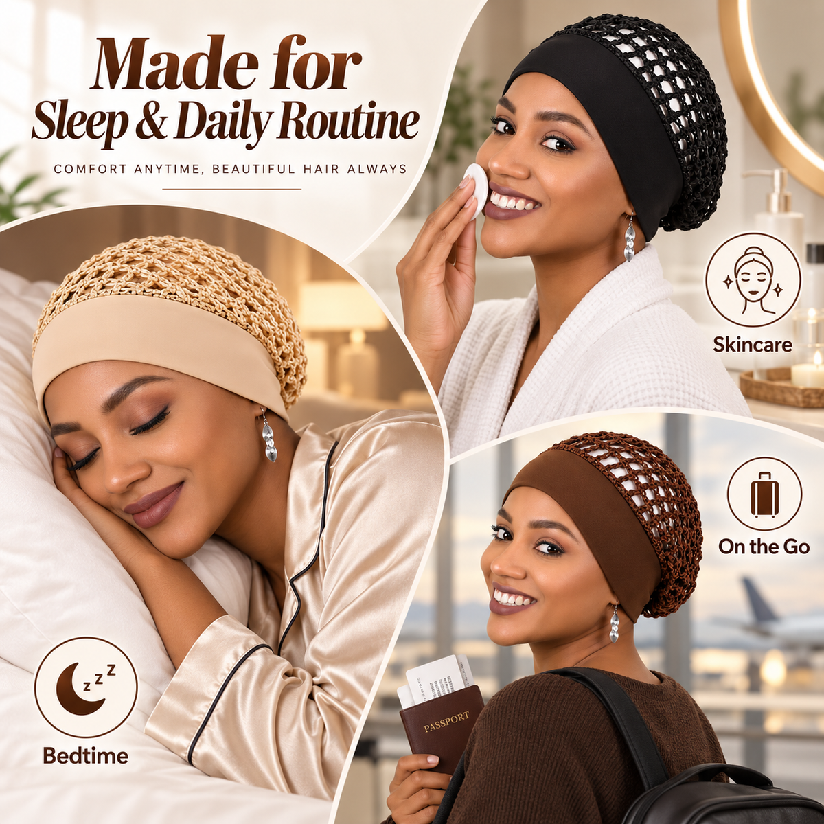 🎉3-Piece Stretchy Wide-Edge Sleeping Cap Set