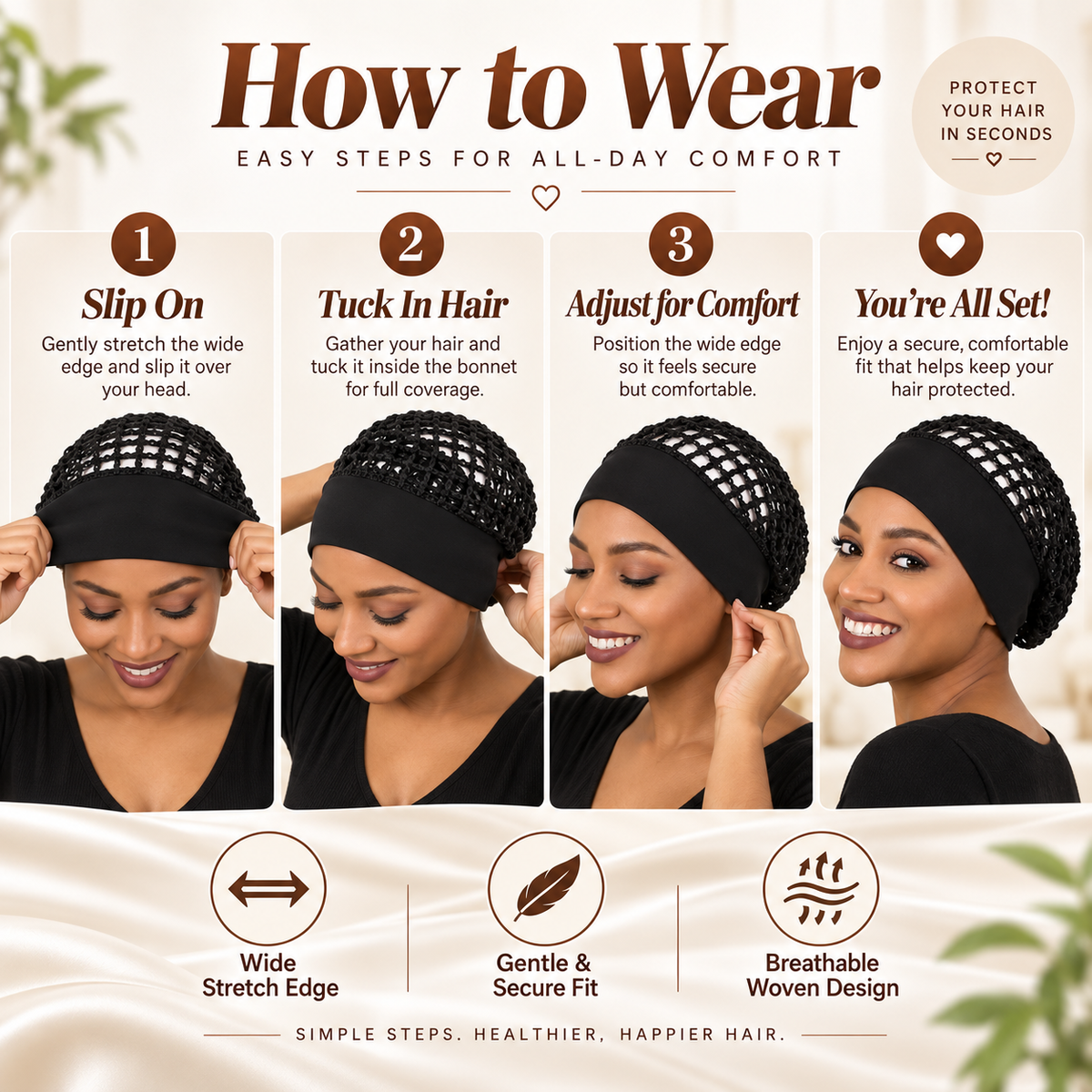 🎉3-Piece Stretchy Wide-Edge Sleeping Cap Set