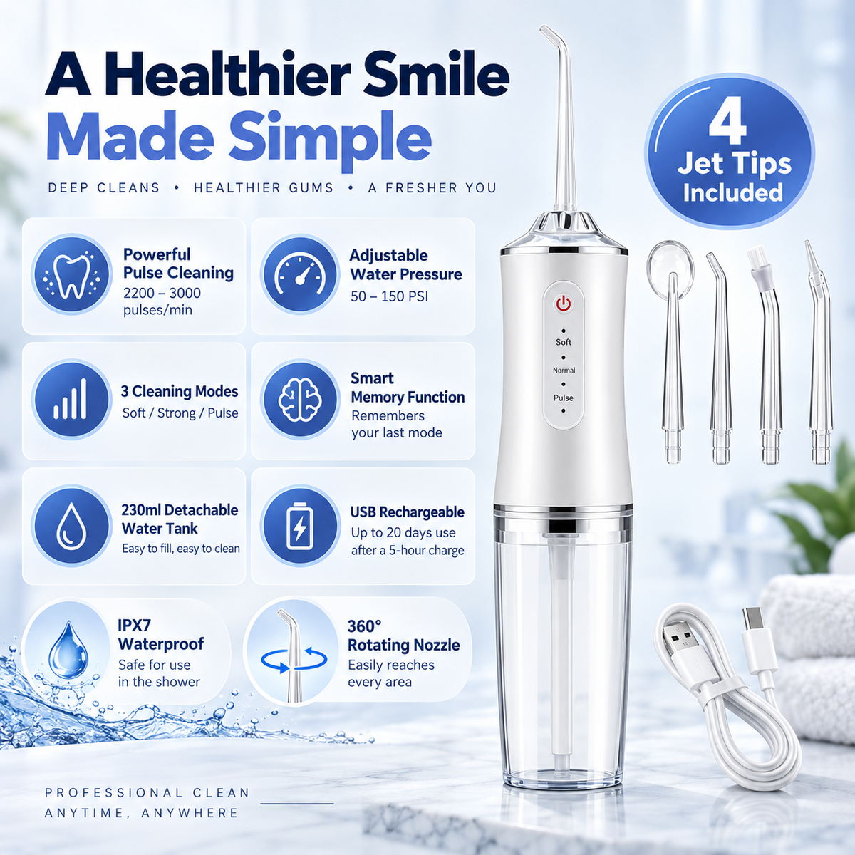 🔥Electric Water Flosser, Teeth Cleaning with 4 Jet Tips