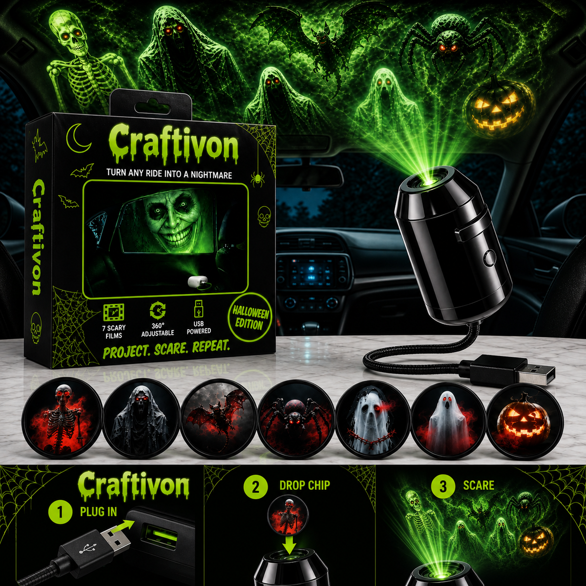 ❤️Halloween Car Projector – 7 Spooky Scenes, USB Plug & Play