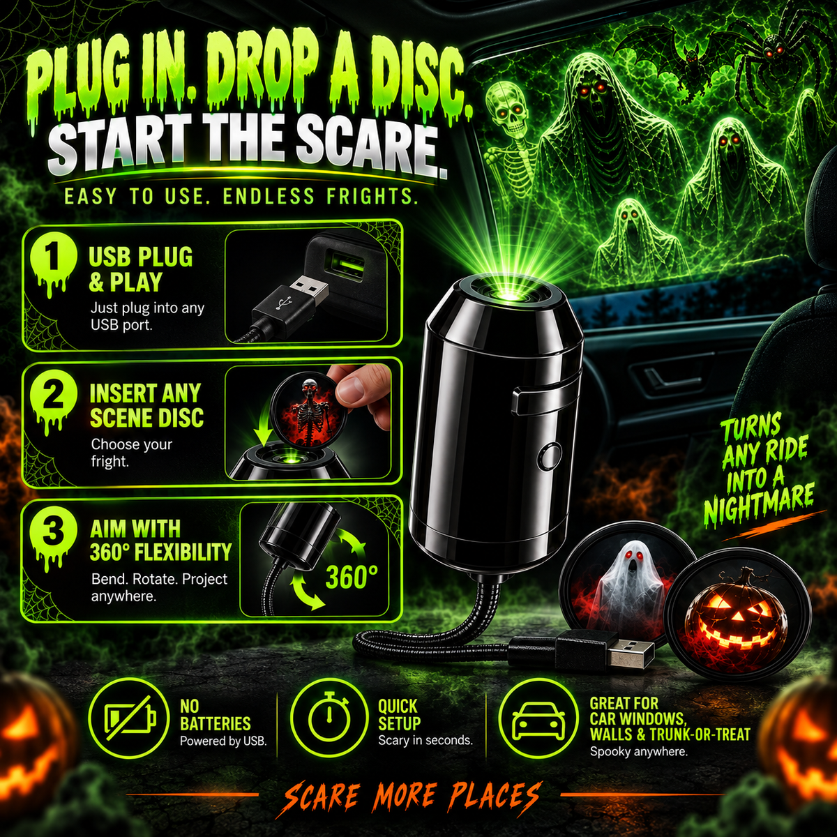 ❤️Halloween Car Projector – 7 Spooky Scenes, USB Plug & Play
