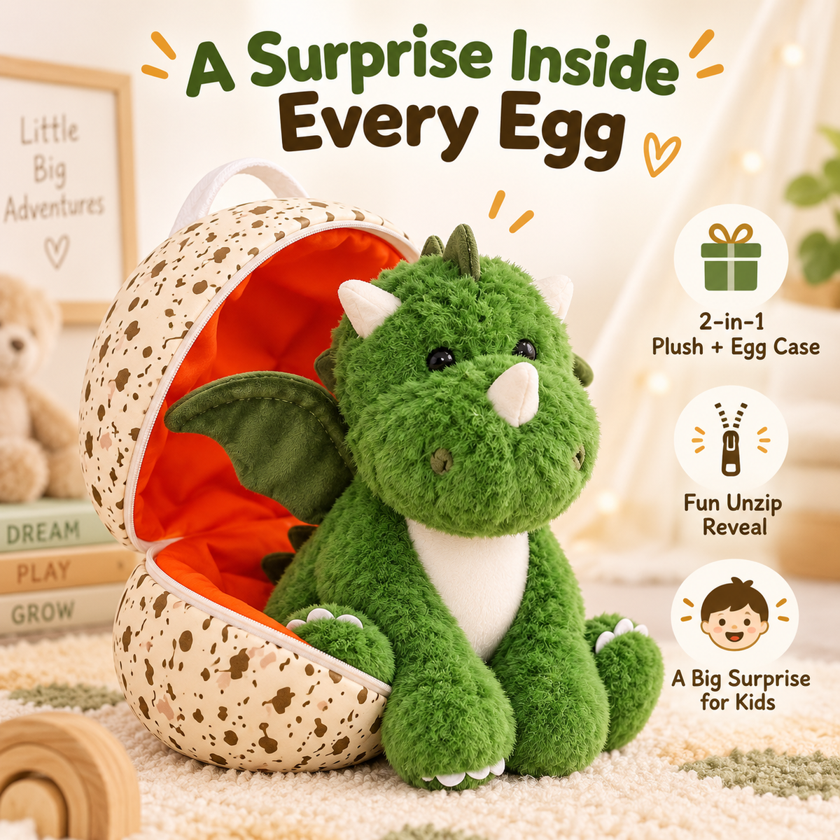 🔥Hatch & Hug Dinosaur Plush – 2-in-1 Egg Surprise Toy