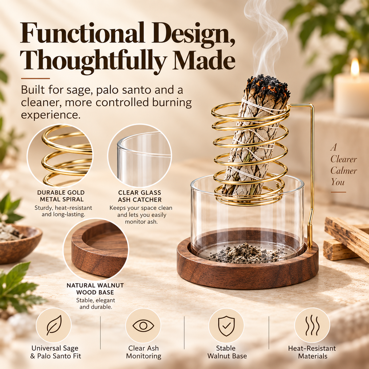 🎉Spiral Sage & Palo Santo Incense Holder with Glass Ash Catcher