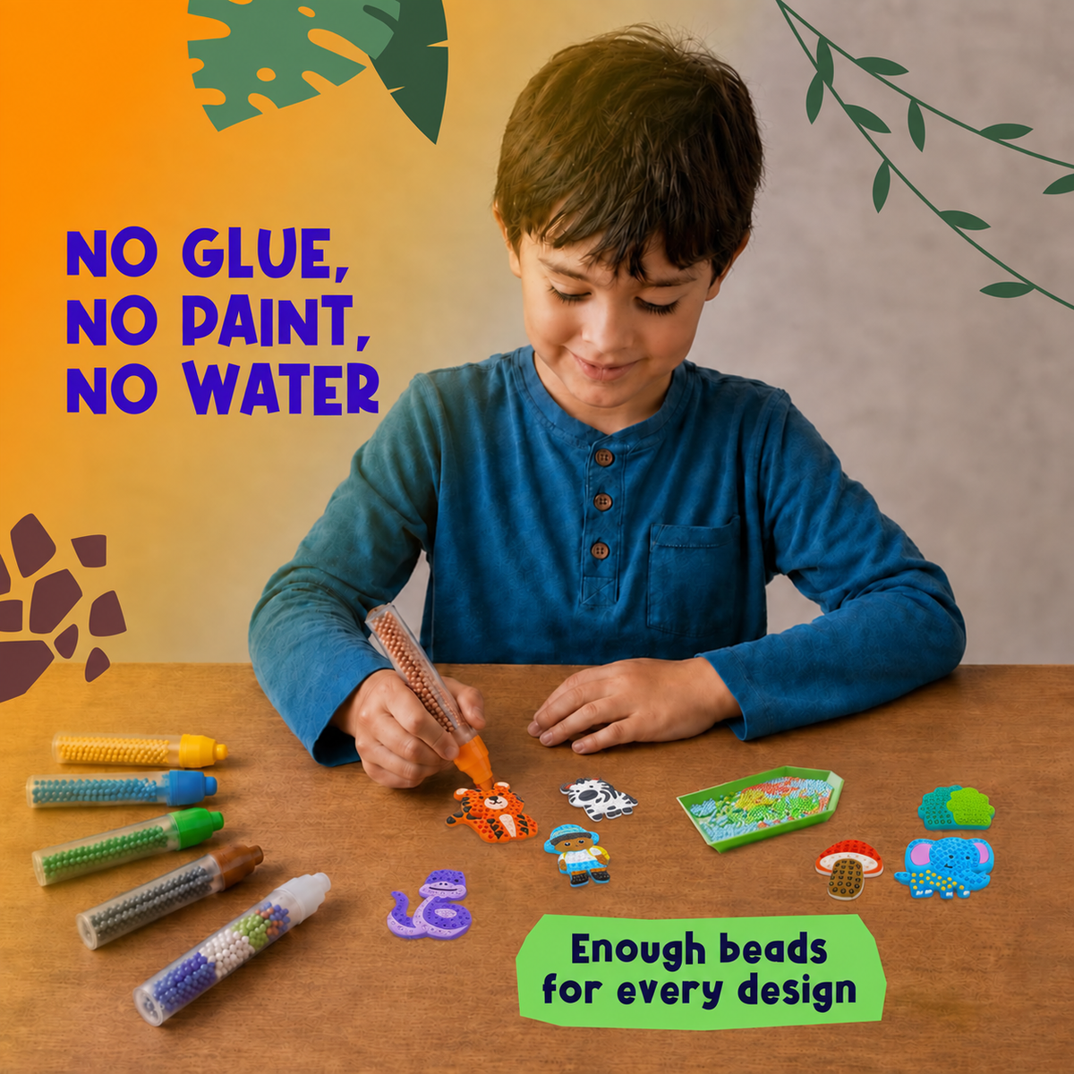 Animal Bead Art Kit for Kids, Mosaic Craft Kit, Create 16 Story Pals with 10 Bead Colors, 6 Bead Pens and 3 Backgrounds