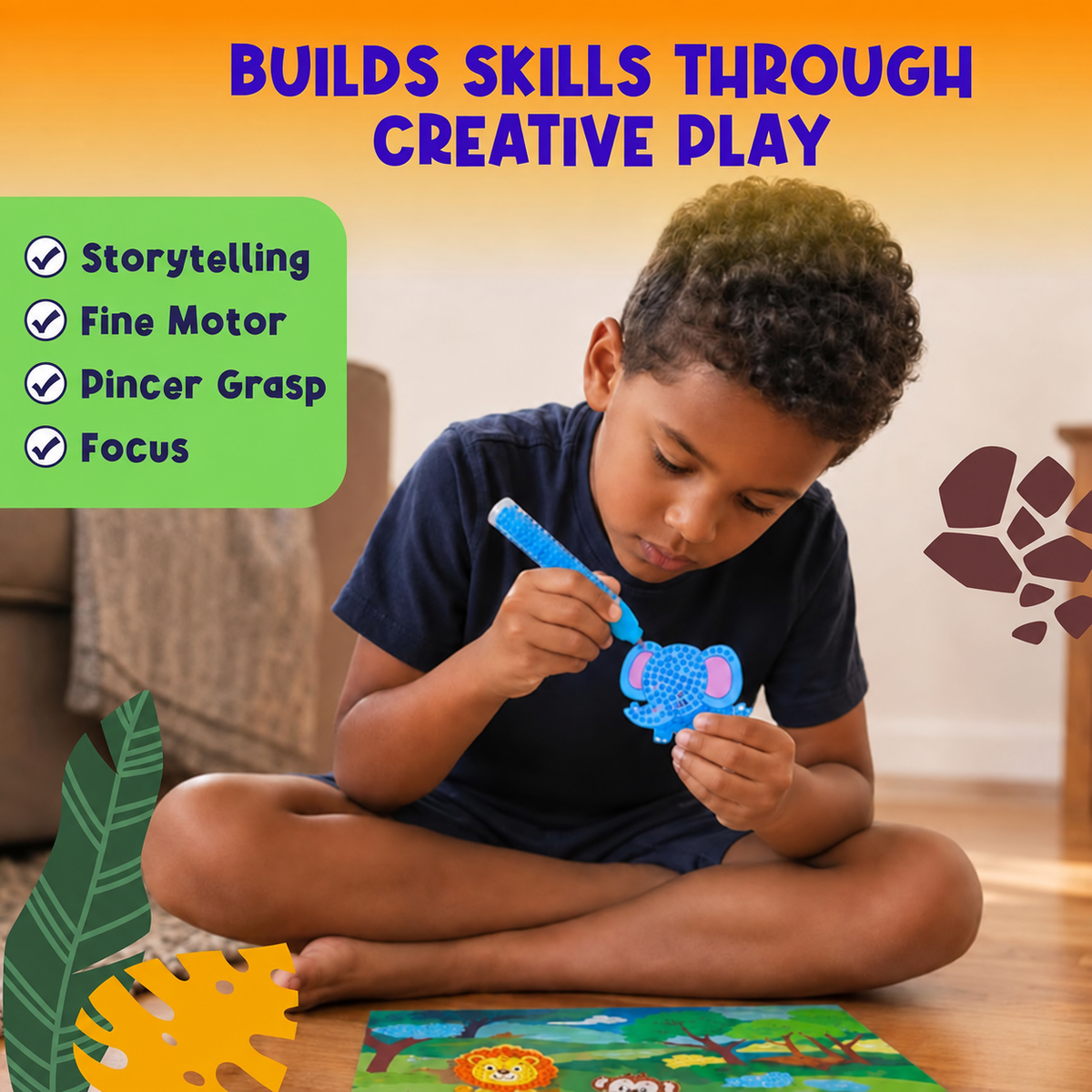 Animal Bead Art Kit for Kids, Mosaic Craft Kit, Create 16 Story Pals with 10 Bead Colors, 6 Bead Pens and 3 Backgrounds