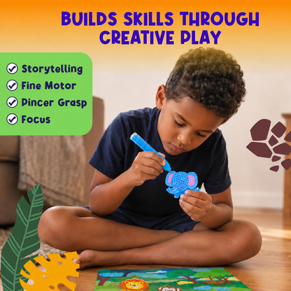 Animal Bead Art Kit for Kids, Mosaic Craft Kit, Create 16 Story Pals with 10 Bead Colors, 6 Bead Pens and 3 Backgrounds