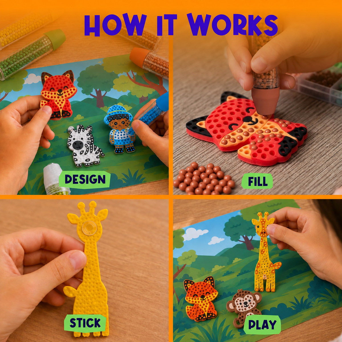 Animal Bead Art Kit for Kids, Mosaic Craft Kit, Create 16 Story Pals with 10 Bead Colors, 6 Bead Pens and 3 Backgrounds