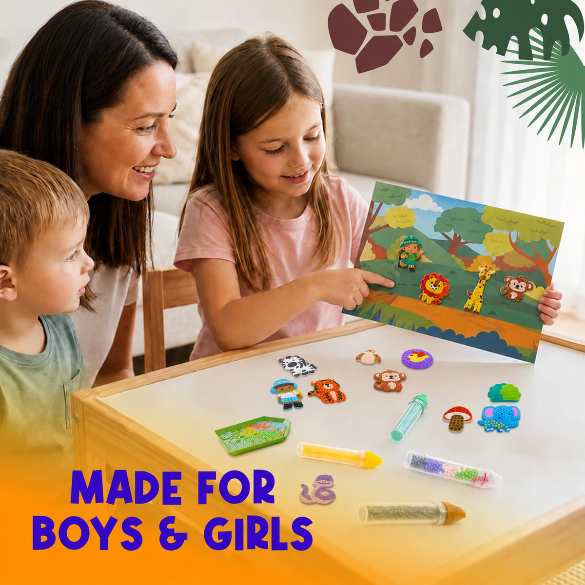 Animal Bead Art Kit for Kids, Mosaic Craft Kit, Create 16 Story Pals with 10 Bead Colors, 6 Bead Pens and 3 Backgrounds