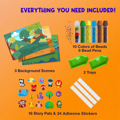 Animal Bead Art Kit for Kids, Mosaic Craft Kit, Create 16 Story Pals with 10 Bead Colors, 6 Bead Pens and 3 Backgrounds