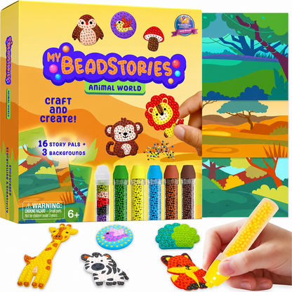 Animal Bead Art Kit for Kids, Mosaic Craft Kit, Create 16 Story Pals with 10 Bead Colors, 6 Bead Pens and 3 Backgrounds