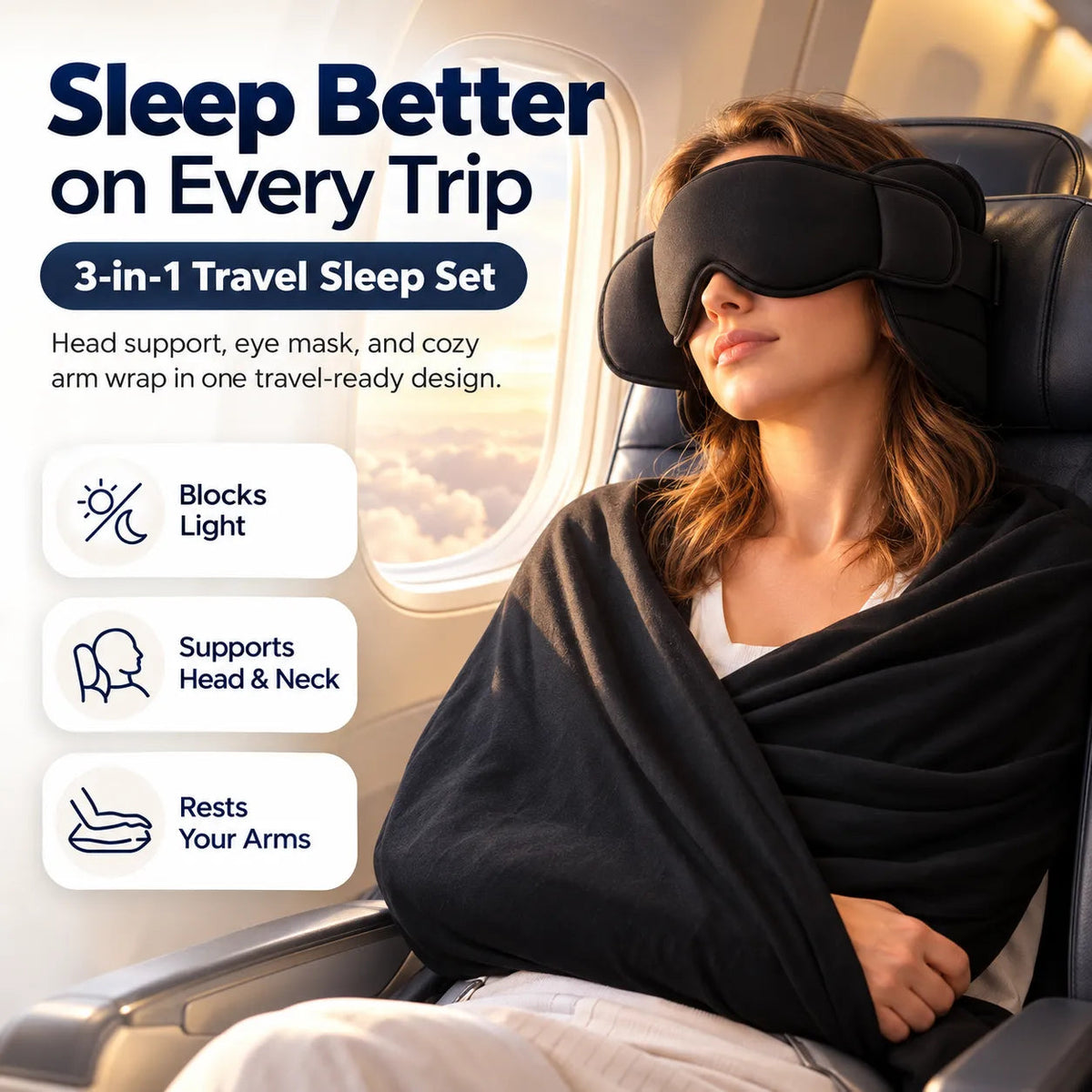 🎉3-in-1 Travel Sleep Set – Head Support, Eye Mask & Arm Wrap
