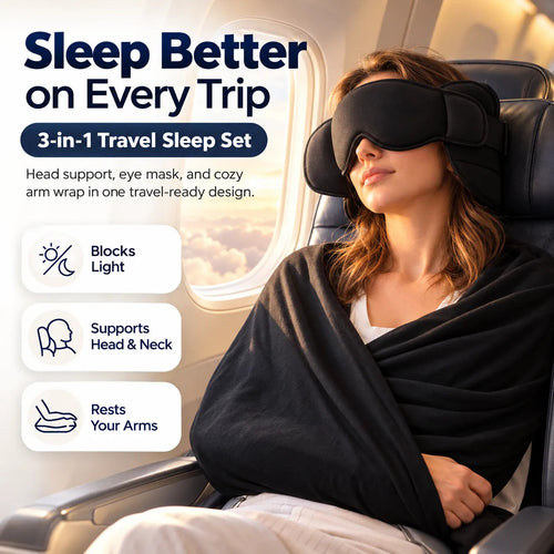 🎉3-in-1 Travel Sleep Set – Head Support, Eye Mask & Arm Wrap