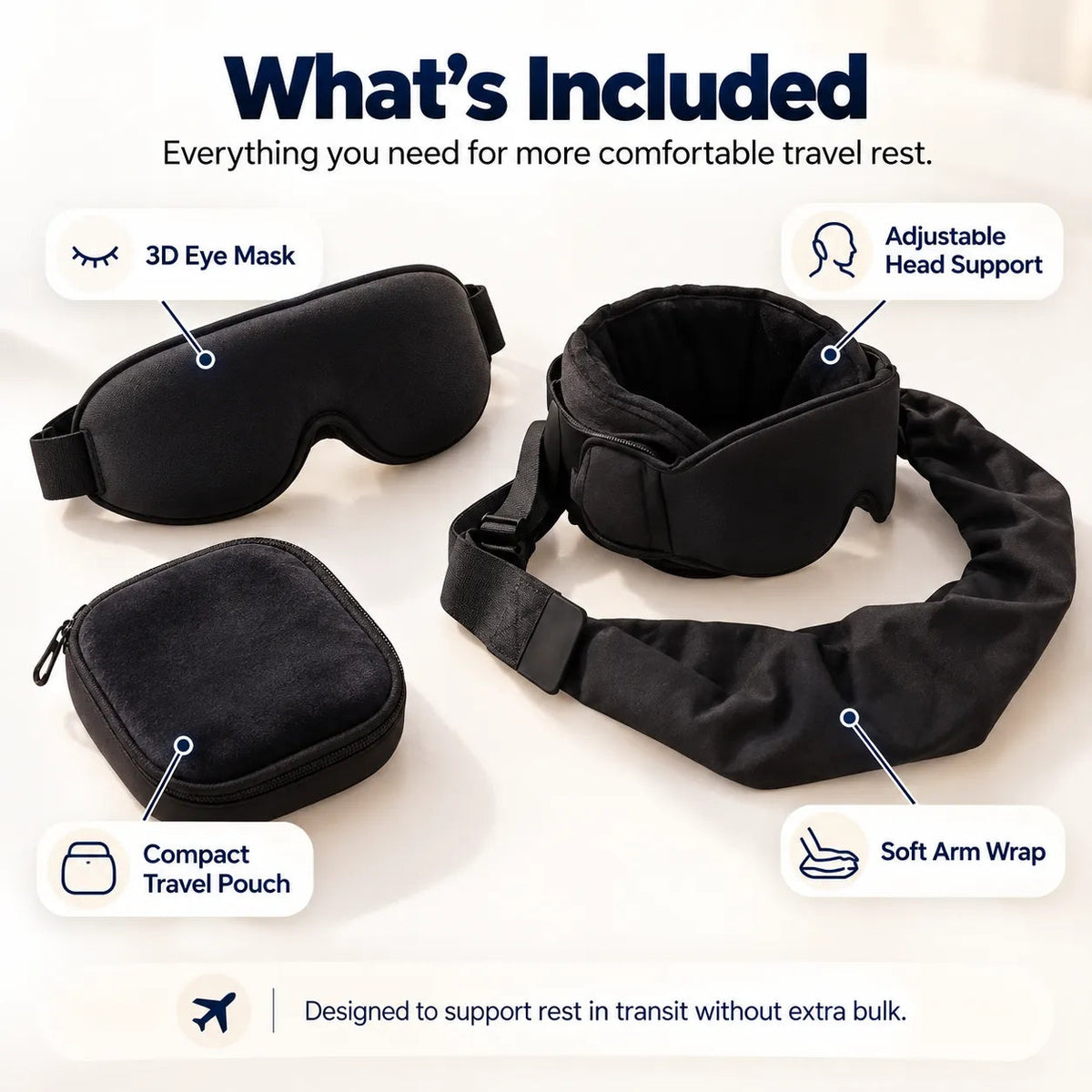 🎉3-in-1 Travel Sleep Set – Head Support, Eye Mask & Arm Wrap
