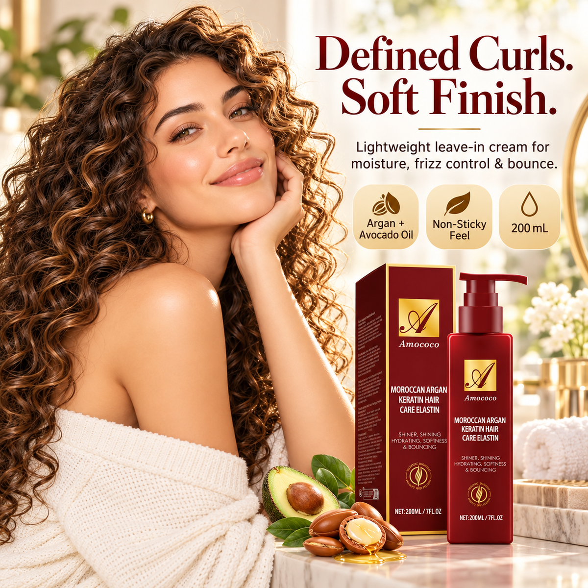 🔥Curl Defining Cream, Leave‑In Hair Treatment with Argan & Avocado Oil
