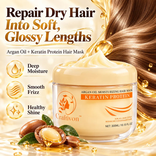 🎁Argan Oil & Keratin Hair Mask for Dry, Damaged Hair, Deep Moisture & Smooth Shine 300ml