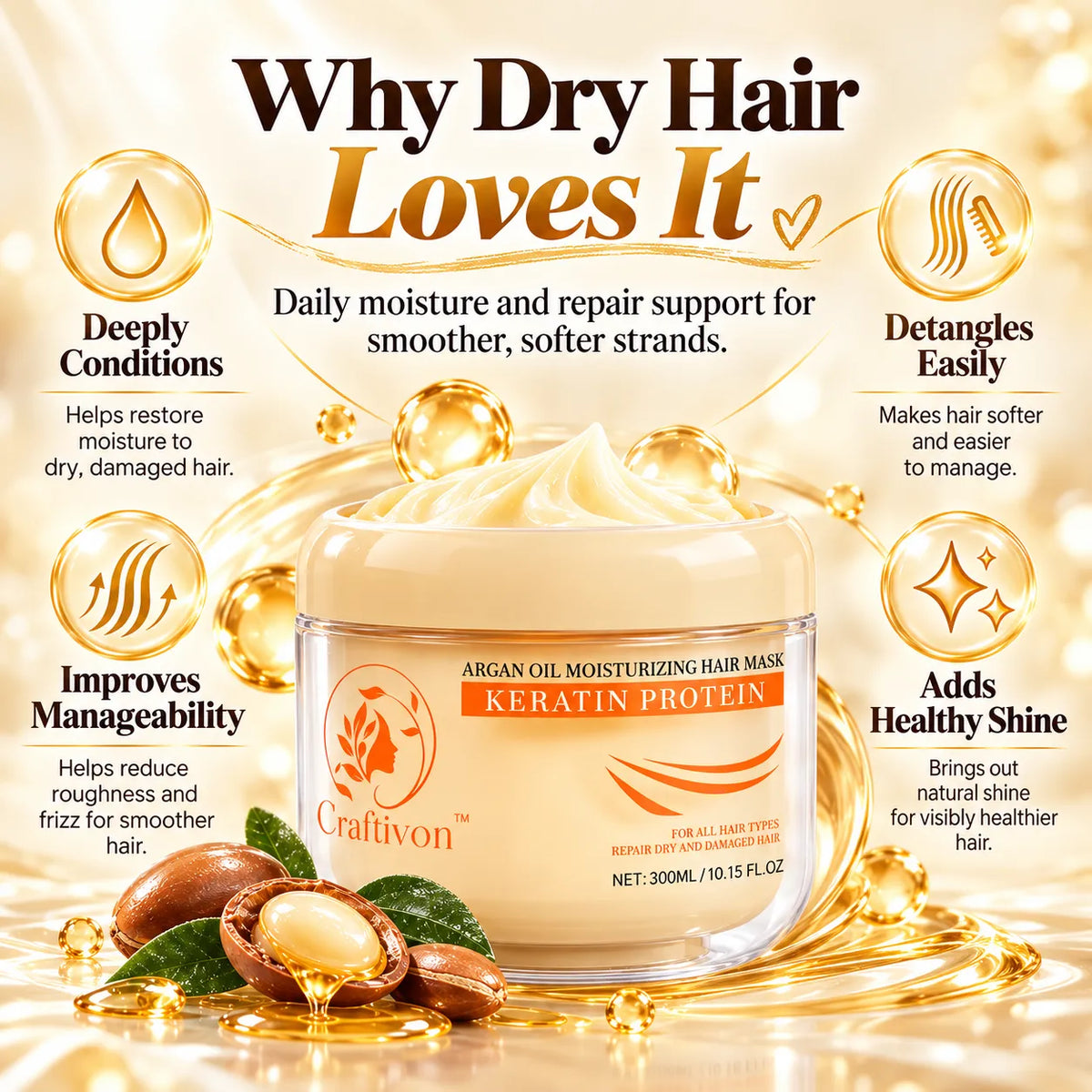 🎁Argan Oil & Keratin Hair Mask for Dry, Damaged Hair, Deep Moisture & Smooth Shine 300ml
